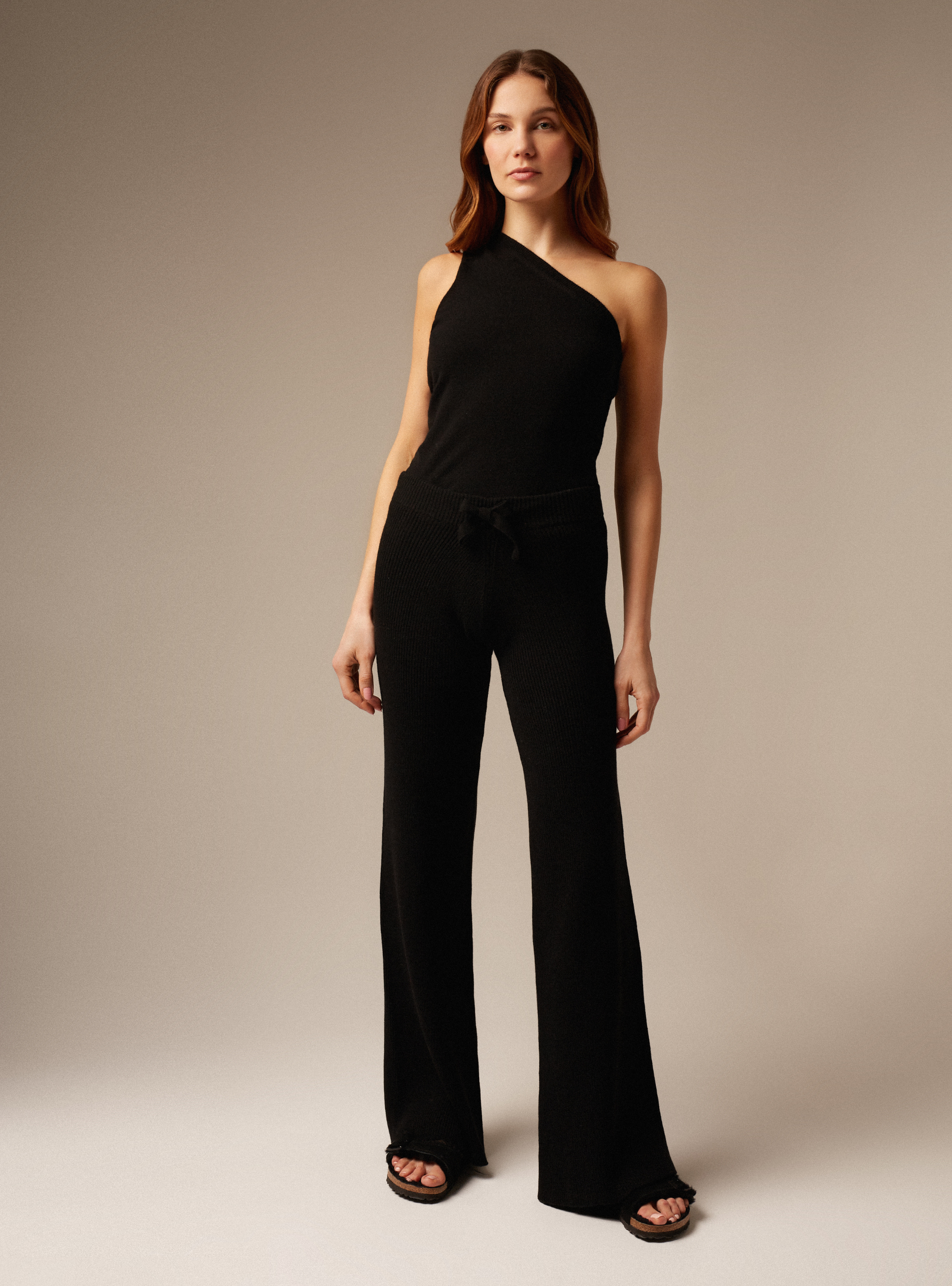 Designer ribbed cashmere wide leg trouser Black