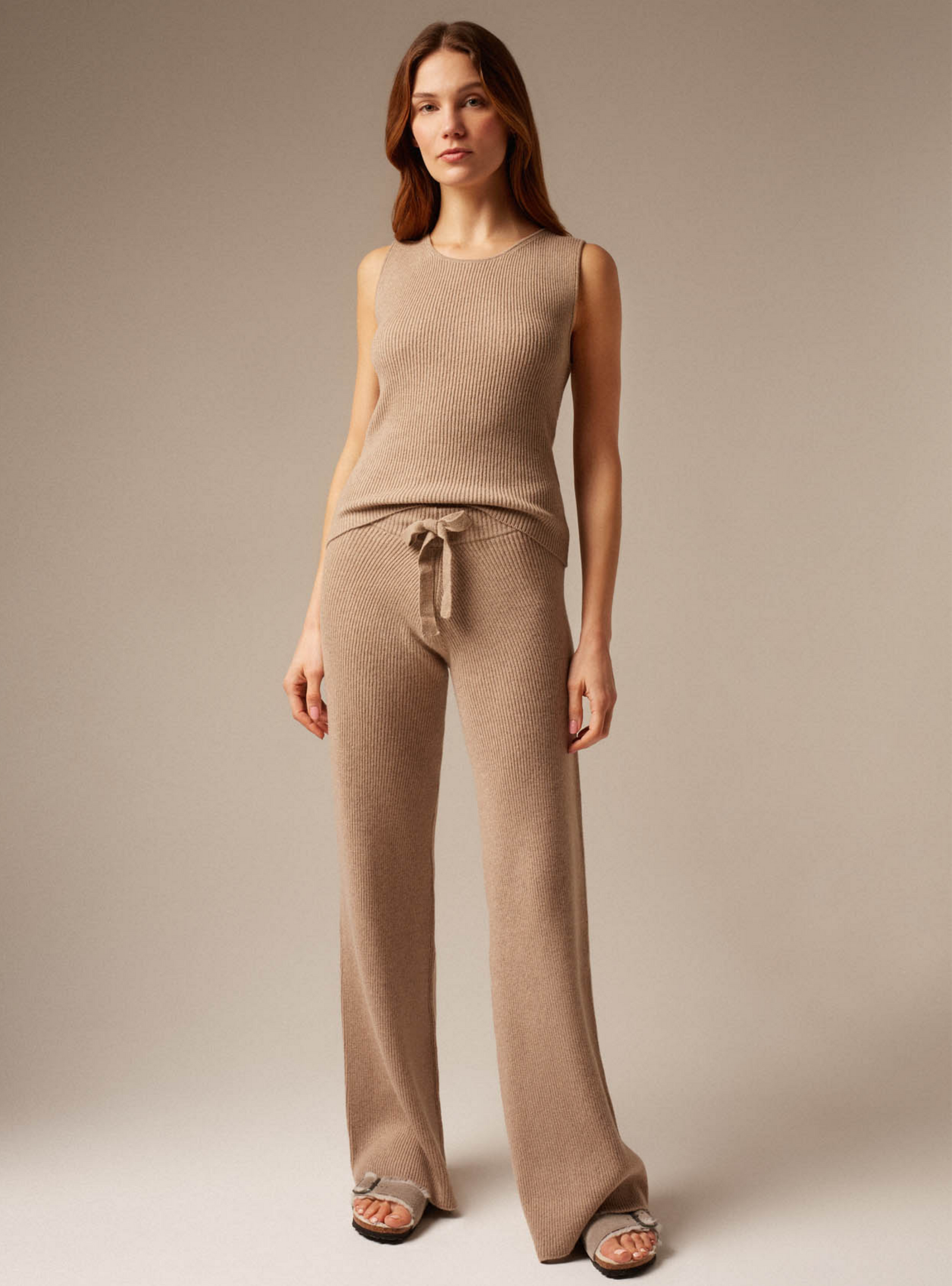 Ribbed cashmere wide leg trouser pants Sand