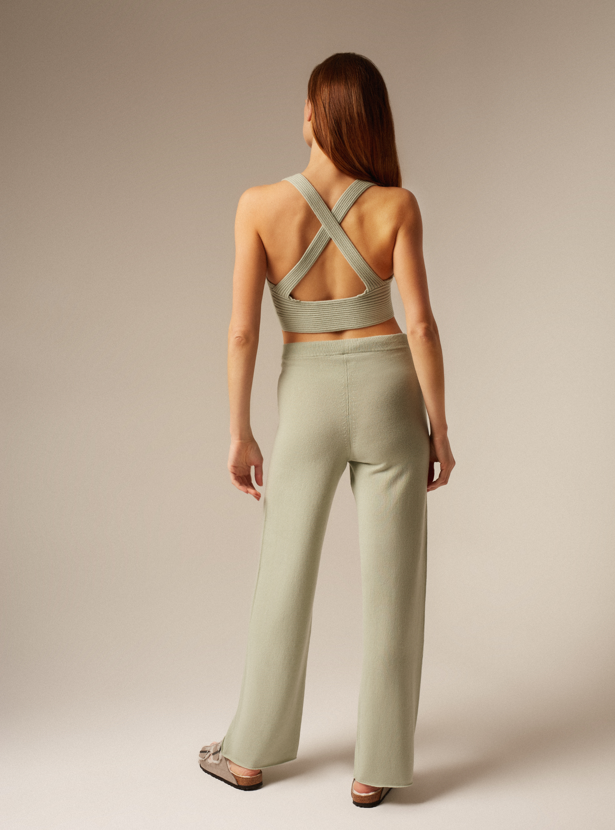 Cashmere wide leg trousers womens Sage Back